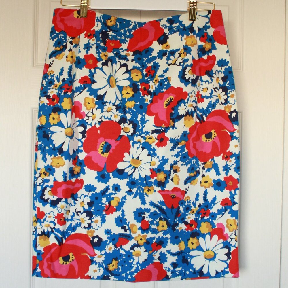 Boden bright red and blue floral pencil skirt size 12
